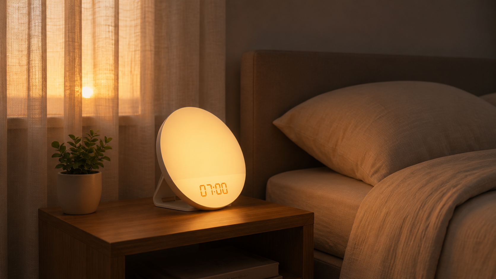 Aurora lamp glowing on a bedside table at sunrise